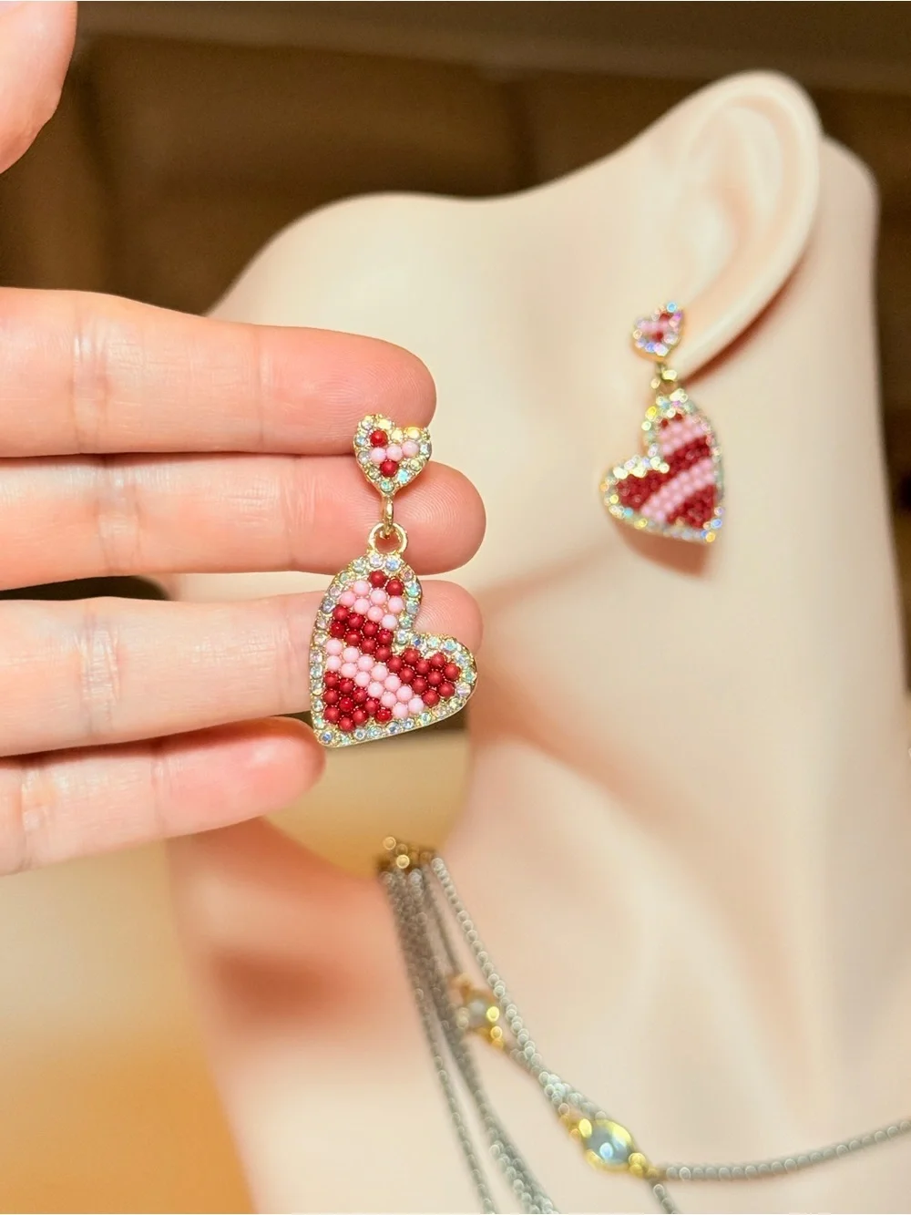 Gold-Tone Red Beaded Heart Drop Earrings